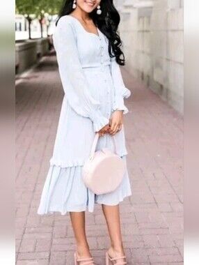 Rare Rachel Parcell Blue Hydrangea Long Sleeve Button Tiered Midi Maxi Dress